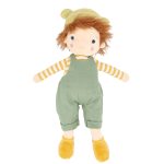 Muñeco de tela Pequeño Nico de Monnëka con peto verde y camiseta de rayas amarillas y blancas.