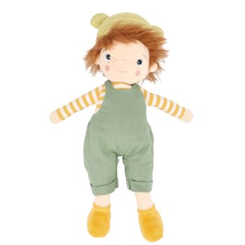 Muñeco de tela Pequeño Nico de Monnëka con peto verde y camiseta de rayas amarillas y blancas.