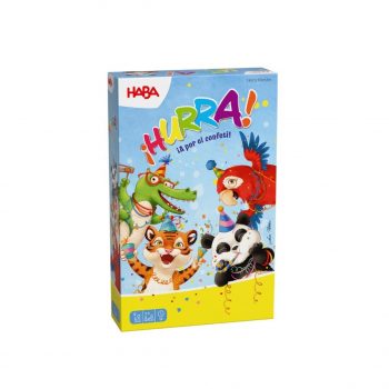 juego de mesa infantil hurra haba con fichas de confeti de colores y cartas de animales