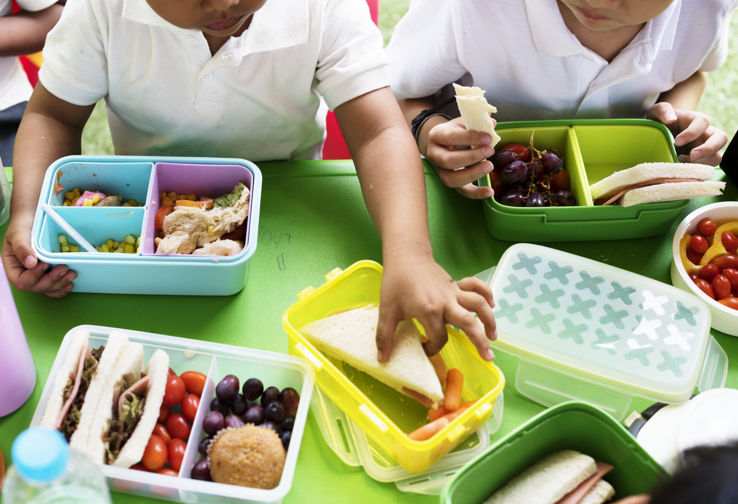 niñas y niños comiendo la merienda del cole