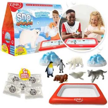 bandeja sensorial nieve infantil Sno Adventures Zimpli Kids con nieve artificial y figuras árticas