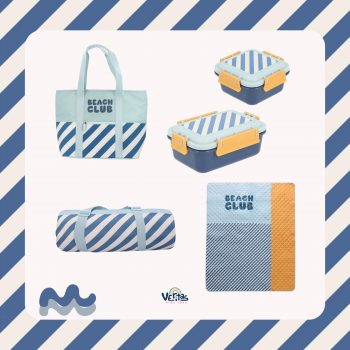 pack playa Monnëka stripes azul con bolso manta picnic impermeable y tupper bento infantil