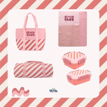 pack playa Monnëka stripes rosa con bolso manta picnic impermeable y tupper bento infantil