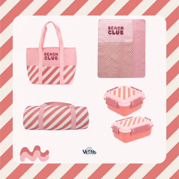 pack playa Monnëka stripes rosa con bolso manta picnic impermeable y tupper bento infantil