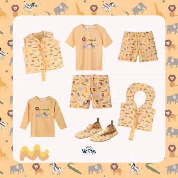 niño con pack verano Monnëka animales salvajes con chaleco camiseta protección solar bañador y escarpines