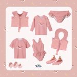 niño con pack verano Monnëka ballena rosa con chaleco camiseta protección solar bañador y escarpines