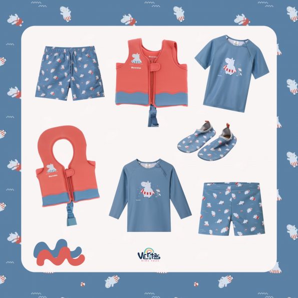 niño con pack verano Monnëka hipopótamo con chaleco camiseta protección solar bañador y escarpines