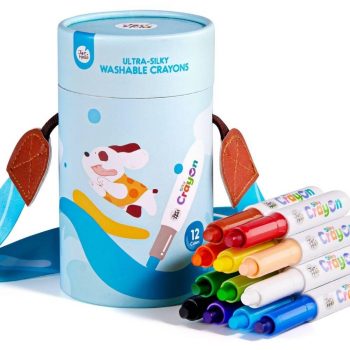 Crayones ultra suaves lavables Jarmelo de 12 colores en bote con asa para niños.