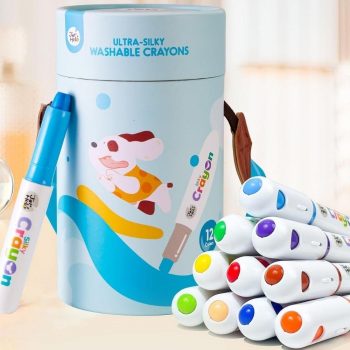 Crayones ultra suaves lavables Jarmelo de 12 colores con sistema giratorio y estuche con asa.