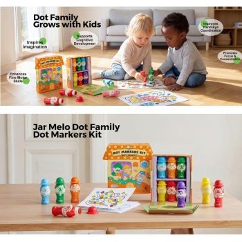 Set creativo Dot Family Jarmelo con 6 marcadores de puntos, láminas de actividades y caja organizadora para niños.