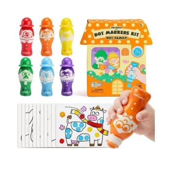 Set Creativo Marcadores Dot Family Jarmelo con 6 marcadores de puntos lavables, tarjetas de actividades y diseño ergonómico para niños.