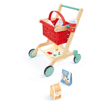 Carrito de supermercado infantil Hape con cesta roja y ruedas verdes