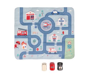 Manta de circuito azul Rescue Circuit de Monnëka con carreteras y vehículos de emergencia.