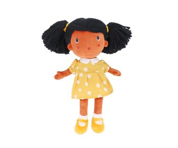 Muñeca de tela Nina de Monnëka con coletas negras y vestido amarillo de lunares blancos