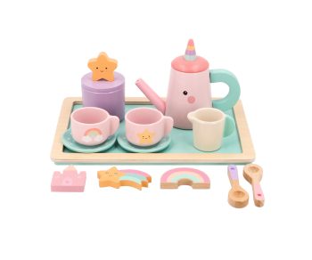 Set de té de madera Magic World de Monnëka con tetera rosa, tazas y bandeja verde menta.