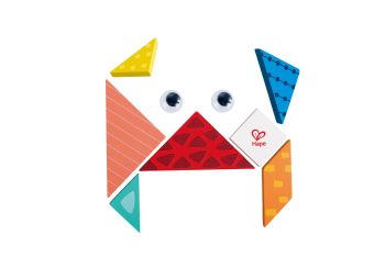 Tangram Mini Hape con piezas geométricas de colores y pegatinas de ojos
